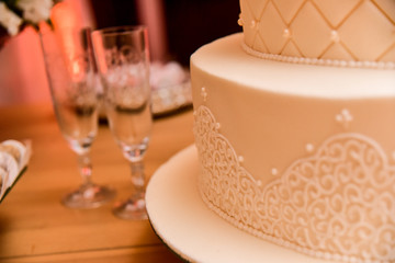 details of wedding cake and bowls, food background, layered cake, cake background
