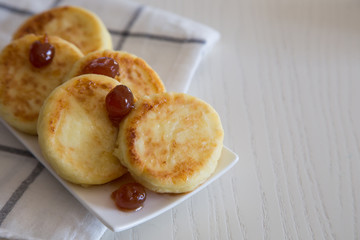 Cottage cheese pancakes, homemade traditional Ukrainian and Russian syrniki. Healthy Breakfast/