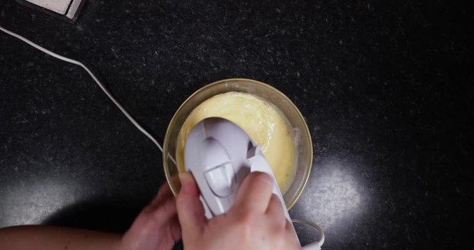 Time Lapse Of Lady Using Mixer To Mix Cake Batter To Make Portuguese Dessert 4K 30FPS - Dough, Cooking, Food, Desserts