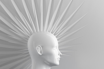 Abstract light background with female profile and stylized defiant fashionable Mohawk hairstyle 3D illustration