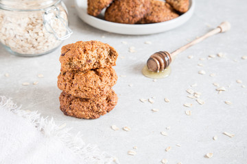 Homemade oatmeal cookies with honey. Healthy Food Snack Concept.