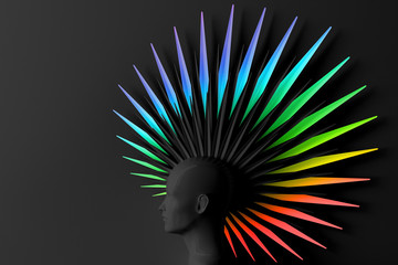 Abstract dark background with female profile and the caller fashionable hair style Mohawk painted in the colors of the rainbow. LGBT concept. 3D illustration