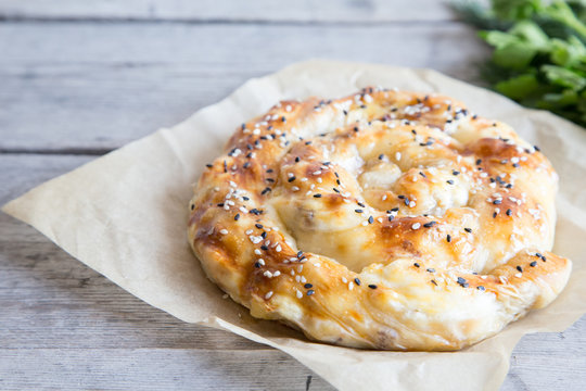Vertuta, traditional Romanian, Moldavian or Balkan baking pie. Spiral filo pastry pie