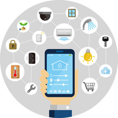 Smartphone app to control smart home (smart house) . Flat illustration holding a smartphone in hand (round shape). 