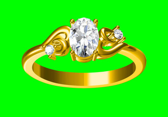 Wedding ring on green background, 3D Rendering.