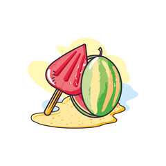 ice cream with stick in the beach and watermelon