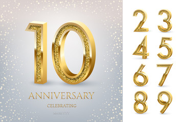 10th Anniversary Celebrating golden text and confetti on light blue background with numbers. Vector celebration anniversary event template. - obrazy, fototapety, plakaty