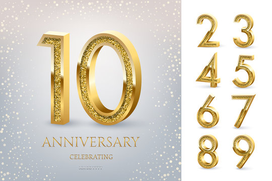 10th Anniversary Celebrating Golden Text And Confetti On Light Blue Background With Numbers. Vector Celebration Anniversary Event Template.