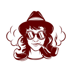 Hipster female face with sun glasses, smoking tube stylish hat and somke around