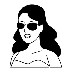Woman smiling with sunglasses profile cartoon in black and white