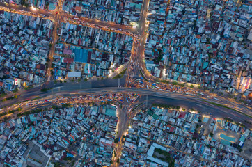 Landscape Ho Chi Minh city taked it by drone at Sunset