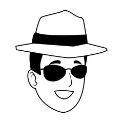Young man with sunglasses and hat face cartoon in black and white