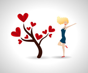 Happy young woman with love tree. Tree with red heart