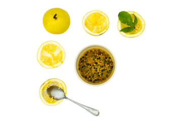 Maracuya vs Passion Fruit original food  isolated on white background,