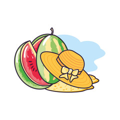 hat female wicker in the beach with watermelon