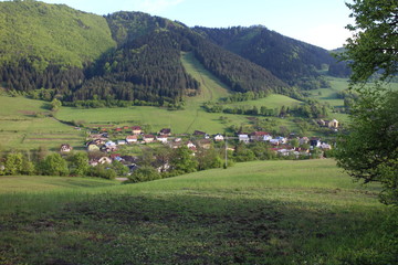 Fototapeta na wymiar View from Lietava castle to Lietavska Svinna - Babkov village, Žilina district, Slovakia