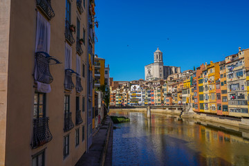 Girona. Colorful houses on the river Onyar. Beautiful town of Girona, Catalonia, Spain