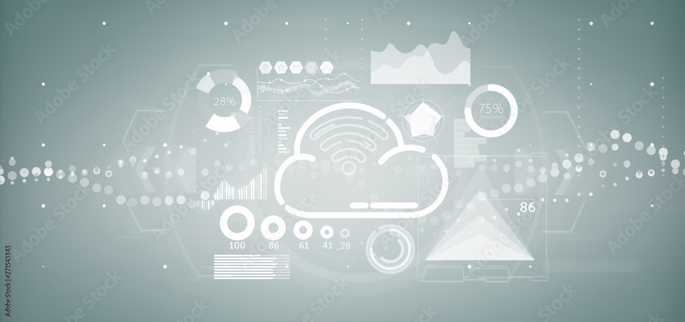 Poster cloud and wifi concept with icon, stats and data 3d rendering