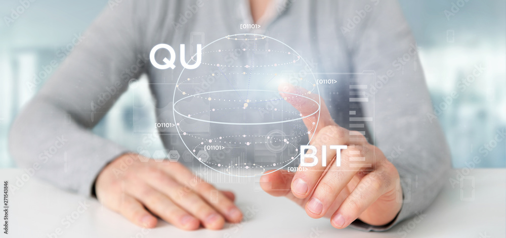 Poster businessman holding quantum computing concept with qubit icon 3d rendering