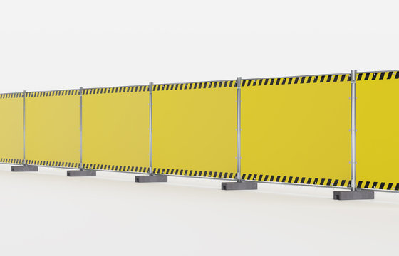 Baustelle Absicherung Mobilzaun Bauzaun - Mehrere Bauzaunfelder nebeneinander - schr&auml;g - mit Bauzaunbanner gelber Plane mit Warnmarkierung