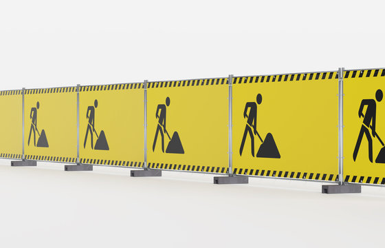 Baustelle Absicherung Mobilzaun Bauzaun - Mehrere Bauzaunfelder nebeneinander - schr&auml;g - mit Bauzaunbanner gelber Plane mit Warnmarkierung und Baustellensymbol