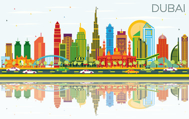 Dubai UAE City Skyline with Color Buildings, Blue Sky and Reflections.