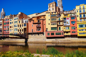 Girona. Colorful houses on the river Onyar. Beautiful town of Girona, Catalonia, Spain