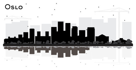 Oslo Norway City Skyline Silhouette with Black Buildings and Reflections Isolated on White.
