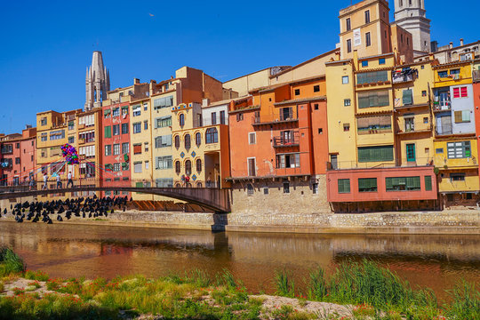 Girona. Colorful houses on the river Onyar. Beautiful town of Girona, Catalonia, Spain