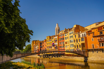 Girona. Colorful houses on the river Onyar. Beautiful town of Girona, Catalonia, Spain