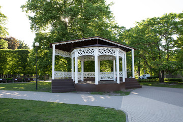 City Jurmala, Latvian Republic. Jomas street view with building. Outdoor lounge terrace and green area. Travel photo. 2019. 4. Jun