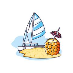 cocktail of pineapple with sailboat in the beach