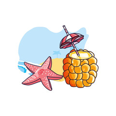 cocktail of pineapple in the beach with starfish