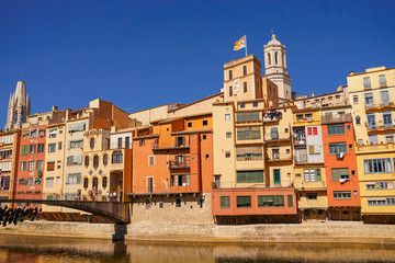 Girona. Colorful houses on the river Onyar. Beautiful town of Girona, Catalonia, Spain