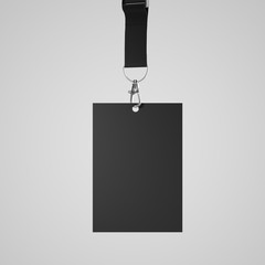 ID card hanging on a dark ribbon on a white background. Place for text. Mock up. 3d rendering - obrazy, fototapety, plakaty