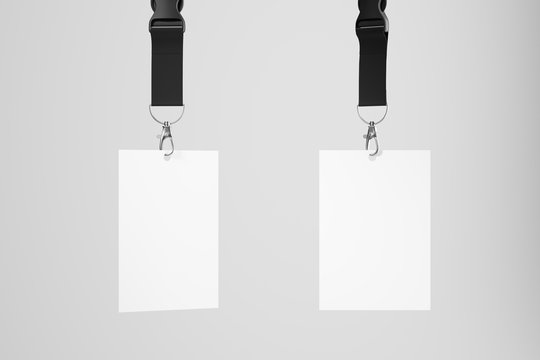 Two Personnel Identity Card Mockup On A Dark Ribbon Hanging On A White Background. 3d Rendering