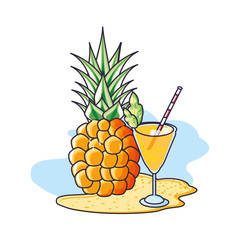 fresh pineapple fruit in the beach with cocktail