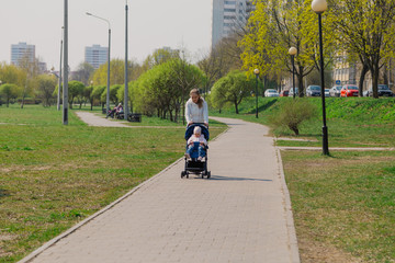 Young mother with a baby in a stroller in a summer park.