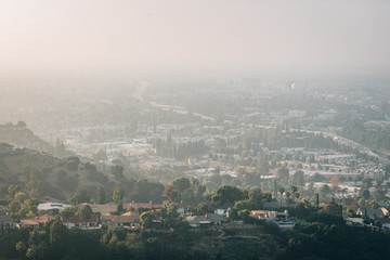 Hazy view of the San Fernando Valley from Mulholland Drive, in Los Angeles, California