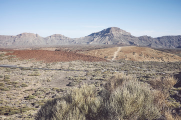 Retro toned picture of Teide National Park landscape, Tenerife.