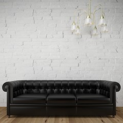3d rendering of an empty room. Wooden floor, bricks wall, black leather sofa and chandelier lamp. Rendering made using free software Blender.
