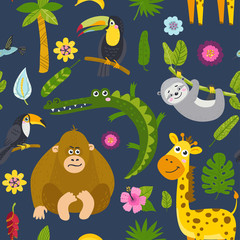 Obraz na płótnie Canvas Seamless pattern with cute animals from the jungle.