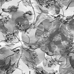 Watercolor seamless background with a pattern of leaves, abstract, decorative branches of birch, linden. Watercolor drawing, bunch of berries, mountain ash, elderberry, viburnum.Abstract splash