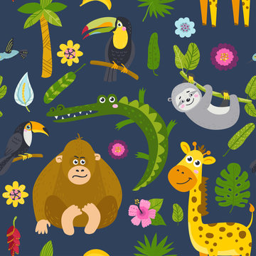 Seamless pattern with cute animals from the jungle. © nafanya241
