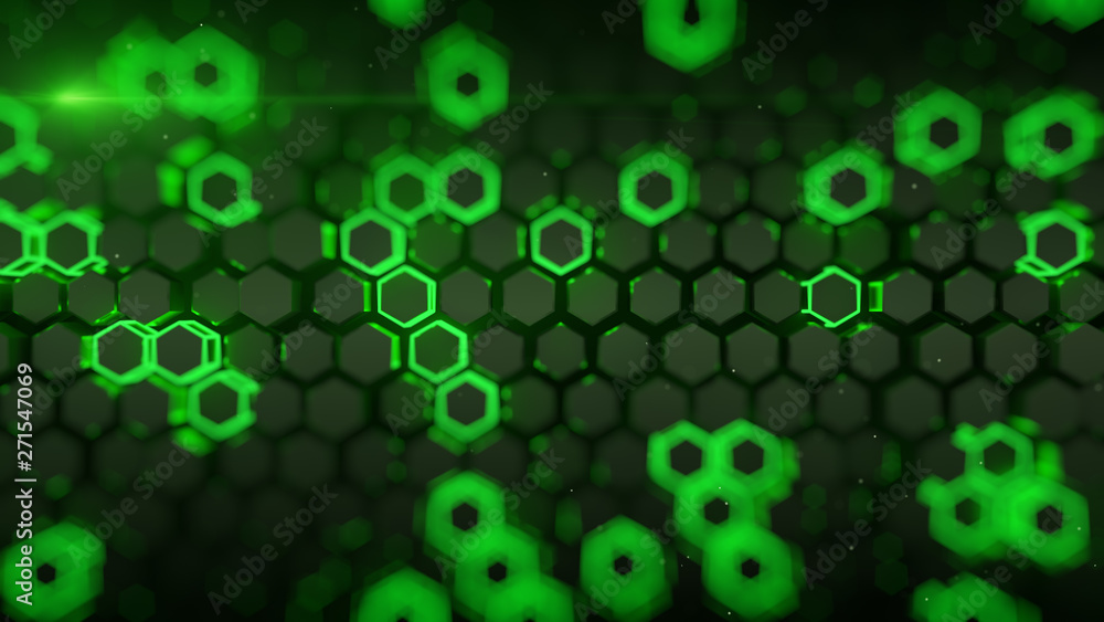 Poster glowing green hexagons 3d rendering
