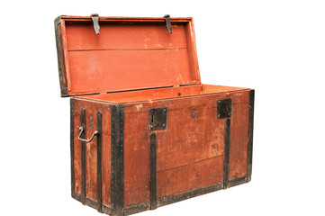 Old vintage retro wooden chest with iron strapping isolated on white background