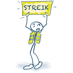 Strichmännchen marschieren auf einer Demonstration mit dem Schild Streik in der Luft