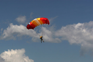 A man in camouflage clothes opened a  parachute