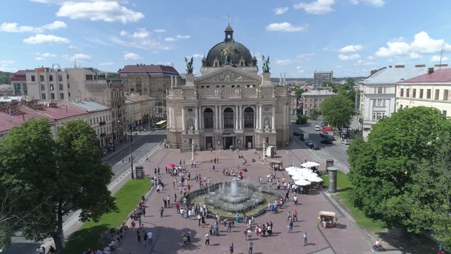 Aerial view of Lviv opera and ballet theatre. Lviv city center. Ukraine, 4K