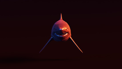 Silver Great White Shark with Red Blue Moody 80s lighting Front 3d illustration 3d render